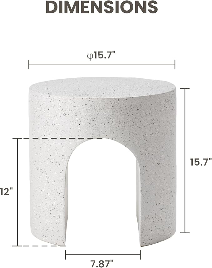 COSIEST White Outdoor Side Table, 15.7" Modern Concrete End Table with Arched Open for Patio, Small Round Outside Accent Table & Plant Stand for Garden, Porch, Deck, Balcony
