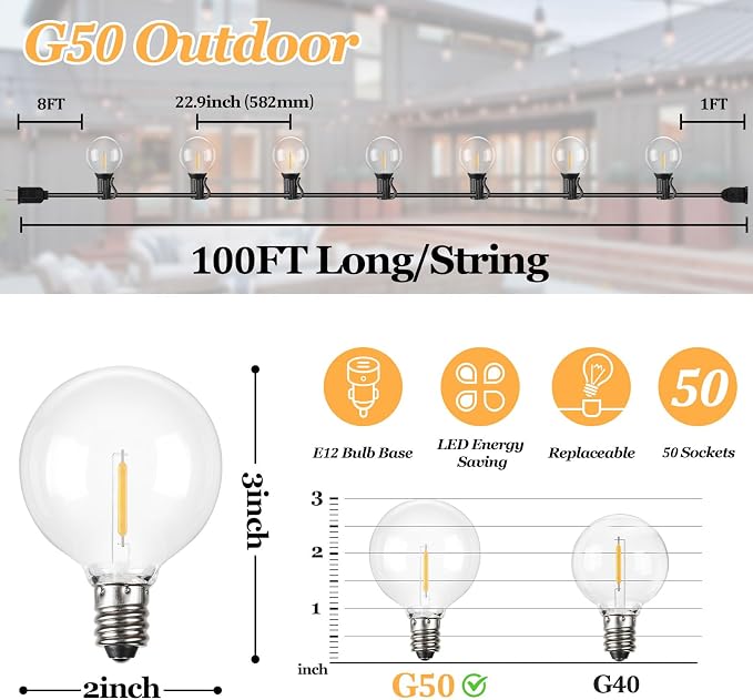 100ft Outdoor G50 LED Globe String Lights Dimmable Waterproof Shatterproof Light Strings with 52 Bulbs Connectable Commercial Hanging Lights for Christmas Patio House Backyard Balcony Party | Shatterproof Light Strings Connectable Commercial Dimmable H...