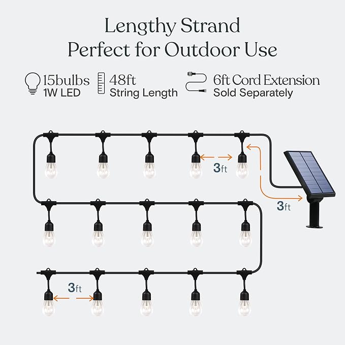 Brightech Ambience Pro - 48 Ft Waterproof, Solar Power Outdoor String Lights - 1W LED Hanging Edison Bulbs Create Bistro Ambience in Your Yard - Commercial Grade, Shatterproof - 15 Lights, Soft White