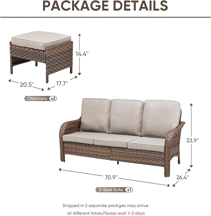 Patio Furniture Set - 3 Pieces All Weather Wicker Outdoor Couch Sofa and 2 Ottomans, Ergonomic Design for Porch, Deck, Balcony, Garden, and Backyard(Beige)