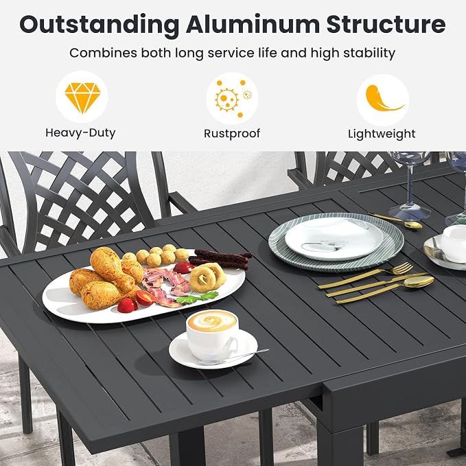 Tangkula 7 Pieces Outdoor Dining Set for 6 with Expandable Table, Patio Aluminum Rectangular Slatted Tabletop Table and Stackable Armchairs, for Deck, Garden, Backyard and Poolside