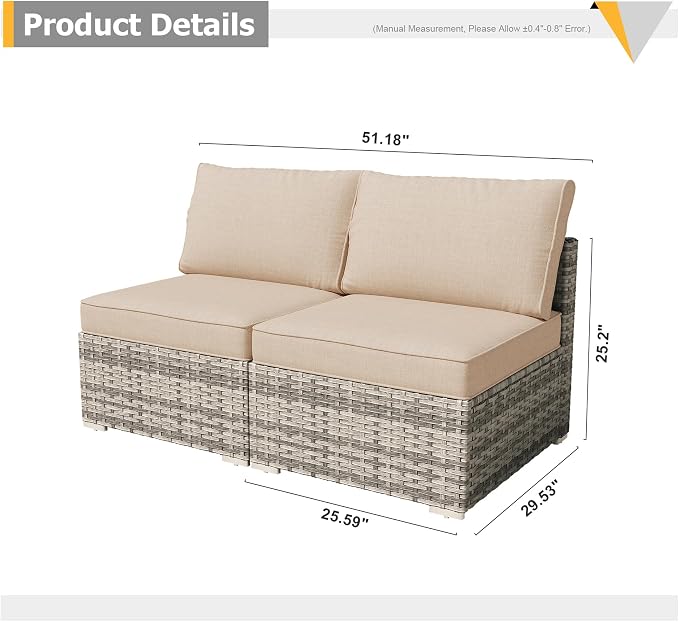 Weaxty 2 Pieces Patio Furniture Sets Middle Seats, Wicker Outdoor Sectional Sofa with Thicken Cushion, Patio Conversation Couch Set for Porch, Balcony,Yard, Poolside, Beige