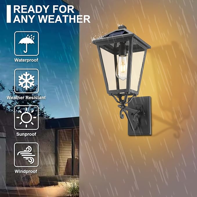 Solar Outdoor Wall Light, 20'' Vintage Lantern-Style Sconce with Remote Control, Alluminum Matte Black Weatherproof Exterior Lighting Front Porch Lights for House Garage Doorway Patio