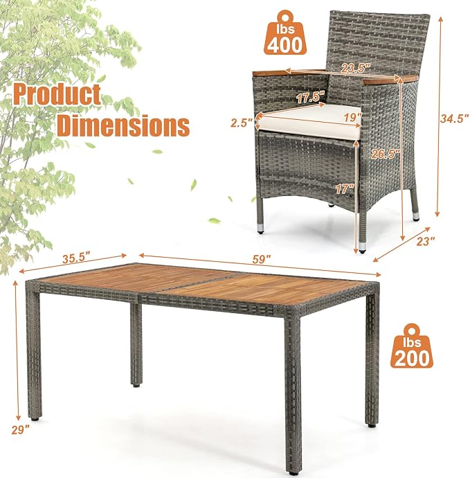 7 Pieces Patio Dining Set Outdoor Dining Set, Wicker Patio Furniture Set with Acacia Wood Table and Chairs, Garden Dining Table Set for Backyard, Desk, Poolside, (Grey)