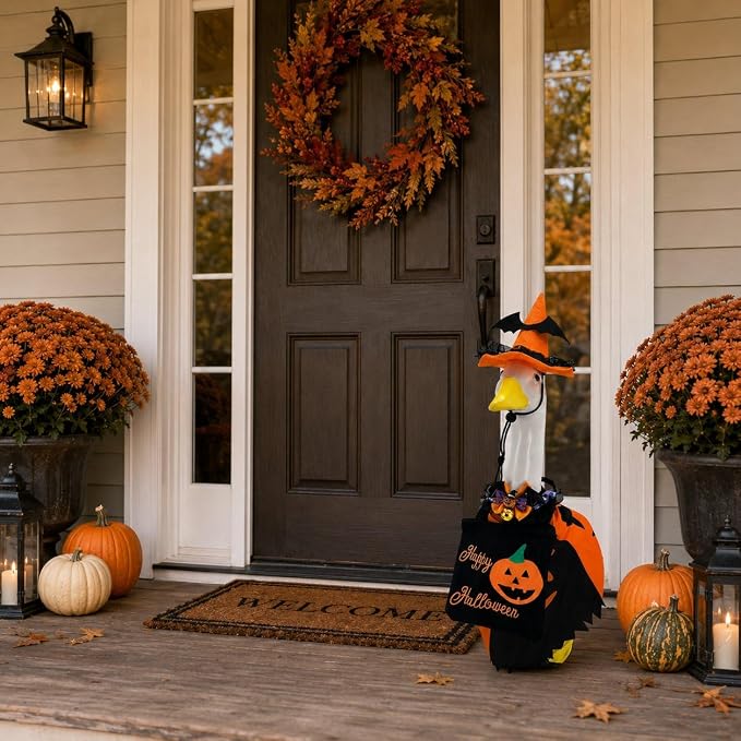 Halloween Porch Goose Outfits for 23'' Lawn Geese Statue Goose Costume with Witch Hat Pumpkin Outfits Bow Candy Treat Bag, Outdoor Garden Goose Decor for Patio Yard Lawn Art Halloween Ornament