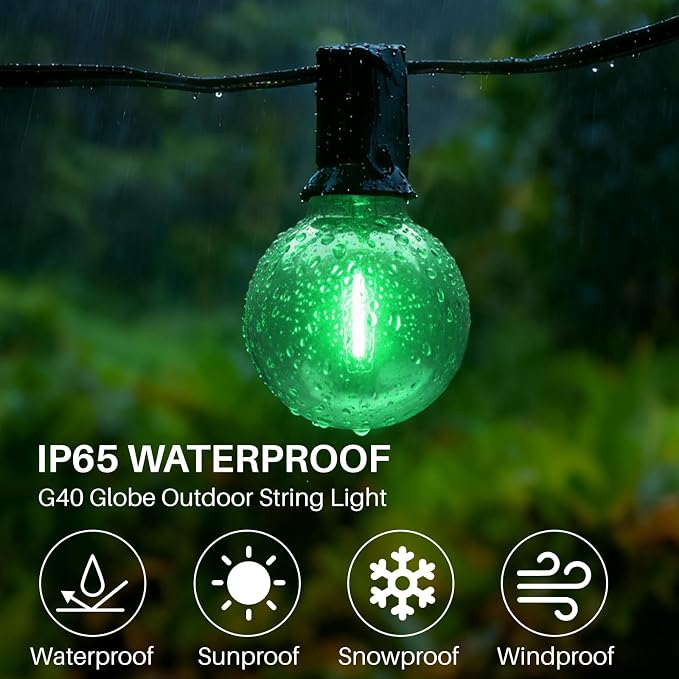 25 FT Green Outdoor String Lights,13 Plastic Edison Bulbs, E12 Base | G40 globe shatterproof bulbs, IP65 waterproof, dimmable LED, for backyard porch balcony party decor