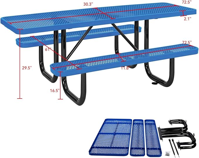 Heavy Duty Picnic Table for Outdoor 1400 lbs Load All Metal Camping Table with Umbrella Hole up to 1.5", Rectangle Dining Table for Commercial Picnic Table with Benches, Blue