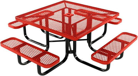 COATEDOUTDOORFURNITURE Heavy-Duty Portable Outdoor Kids Table with Umbrella Hole, Expanded Metal Kids Picnic Table, Commercial-Grade, Made in America (46 in, Square, Childrens, Red)