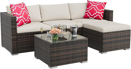 GarveeHome 5 Pieces Patio Sectional Furniture Set, All Weather Wicker Rattan Sectional Sofa, Patio Conversation Set with Cushions and Glass Coffee Table for Backyard Porch Garden Balcony, Beige