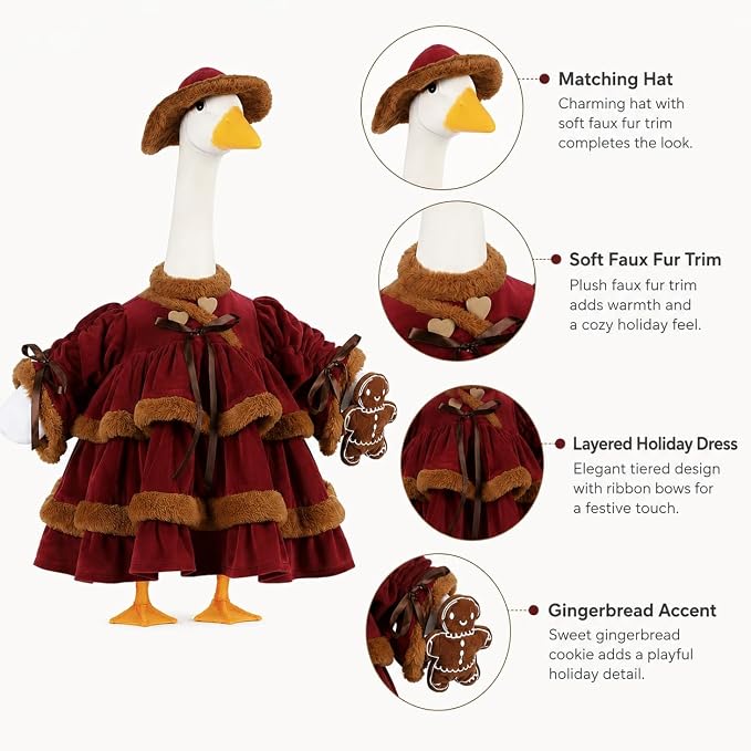 STONESTAR Christmas Porch Goose Outfits for 23" High Cement Plastic Lawn Goose Statue, Vintage Gingerbread Velvet Tiered Dress Goose Costume for Patio Yard Xmas Santa Holiday Decor