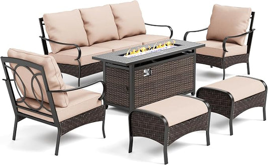 PHI VILLA Outdoor Patio Furniture Set with 56" Fire Pit Table, 6 Pieces Heavy-Duty Rattan Wicker Metal Patio Conversation Sets for Backyard Garden Deck