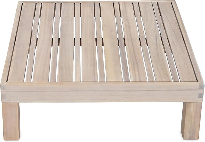 Christopher Knight Home Rynn Outdoor Coffee Table for Patio Furniture Set, Weather Resistant Acacia Wood Accent Table with Slatted Design, Rustic Square Side Table for Garden Porch, Light White