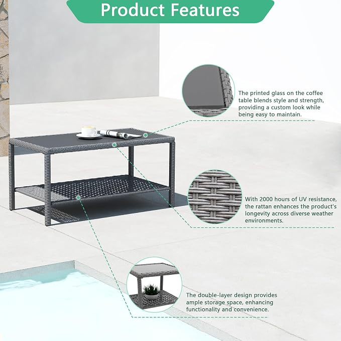 Helios&Hestia Rectangle All Weather Rattan Wicker Outdoor Coffee Side End Table with Glass Top for Patio, Deck, Backyard, Garden, Grey