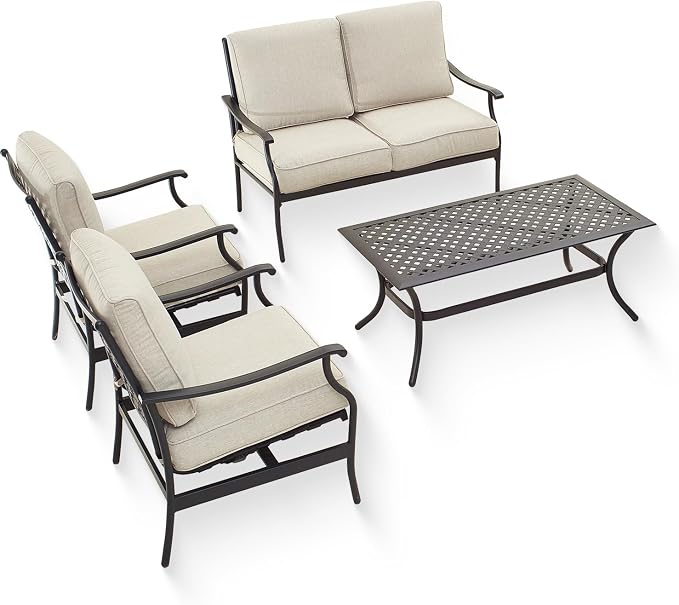 Patio Conversation Set 4 Pieces Cushioned Metal Outdoor Furniture Sets with All Weather Frame for Porch Backyard Lawn (Beige)