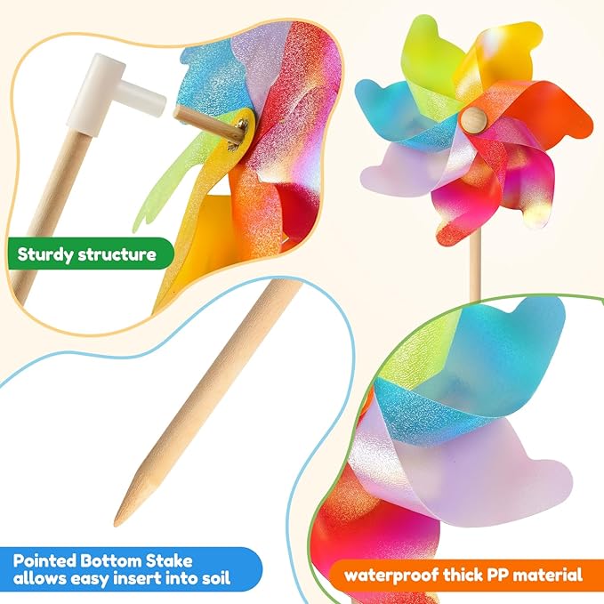 IilLittle 10 Pack Rainbow Pinwheel, Pinwheels for Kids | Assembly Instructions Included, Easy Assembly, Wooden Pole, PP Plastic, Waterproof, Sturdy