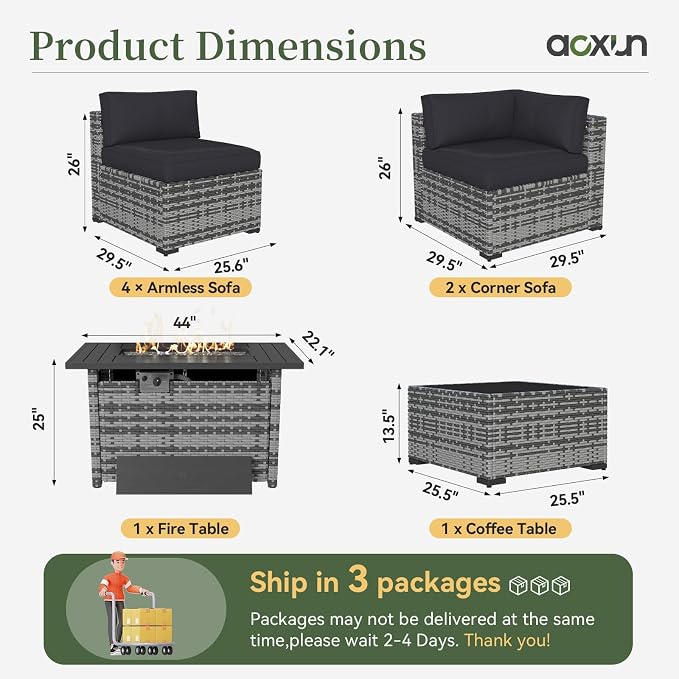 Aoxun 8 Piece Patio Furniture Set with 44” Fire Pit Table Wicker Rattan Outdoor Sectional Sofa Set with Coffee Table and Thickened Cushions, Black