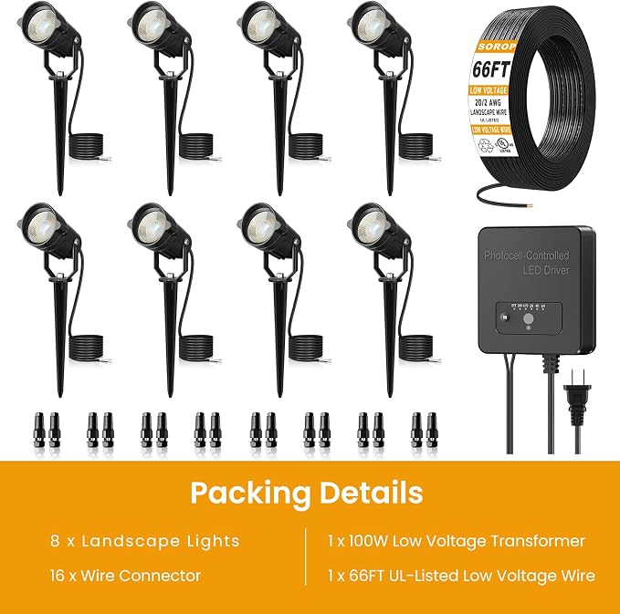 Low Voltage Landscape Lighting Kit, 3000K Spotlights Outdoor 8Pack | All-in-One Landscape Light with 150W Transformer Dusk to Dawn, 66FT Wire, IP66 Waterproof Outdoor Lights for Yard Path 12-24V