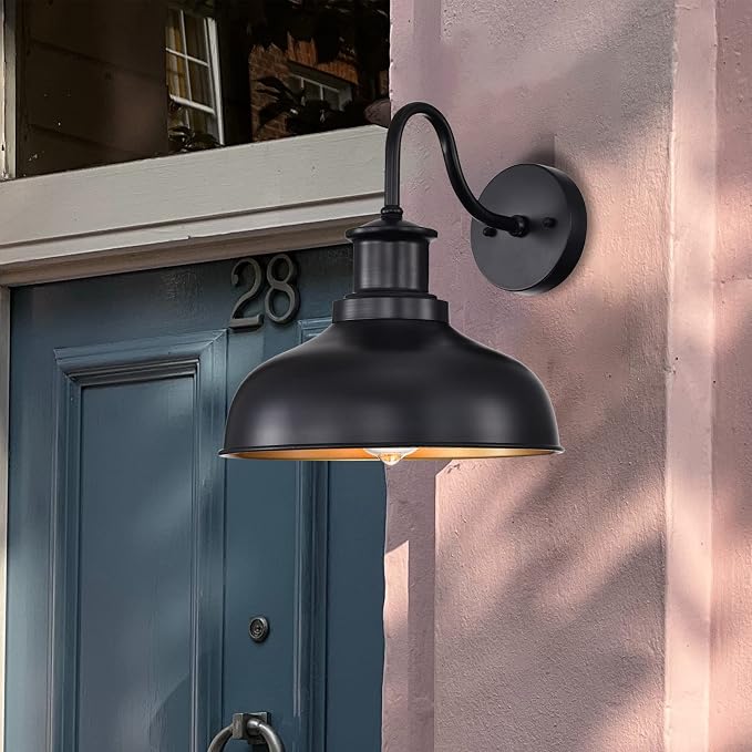 Outdoor Barn Lights, Farmhouse Outdoor Wall Sconces, Rustic Exterior Wall Mount Lights, Vintage Outside Lighting Fixtures, Industrial Black Gold Lanterns for Barn Shed Porch Garage Patio, 2 Pack