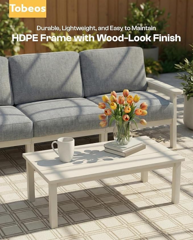 HDPE Patio Furniture Set 8 Seats, Outdoor Couch with Washable Thick Gray Cushions & Side Table, Outdoor Sectional Furniture for Backyard, Deck, Lawn, Porch (White Frame)