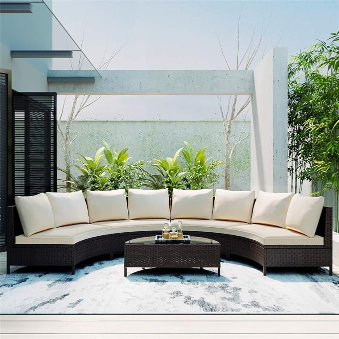 5-Piece Half Moon Outdoor Sectional Sofa Set, Patio All-Weather PE Wicker Furniture with Pillows, Cushions and Half-Moon Tempered Glass Table,Beige