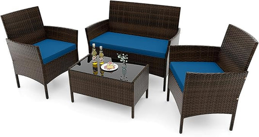 RELAX4LIFE 4-Piece Patio Furniture Set - Rattan Outdoor Conversation Bistro Set w/Cushions, Glass Coffee Table, Wicker Chairs & Loveseat for Garden Backyard Porch, Balcony Furniture Set (1, Peacock)