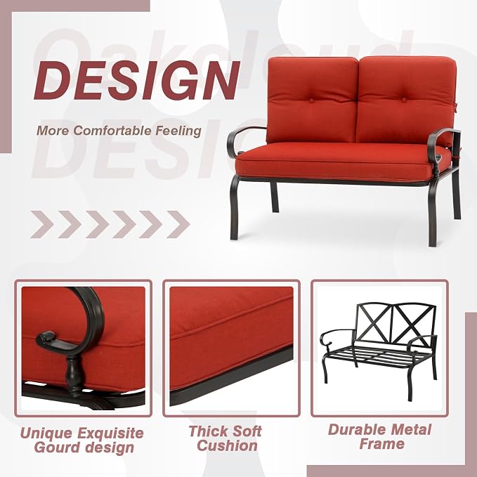 Oakcloud 8Pcs Metal Outdoor Furniture Patio Conversation Set (4 Spring Chairs, Loveseat, Bistro Table, 2 Coffee Tables) - Wrought Iron Patio Chair Set with Cushions (Red)