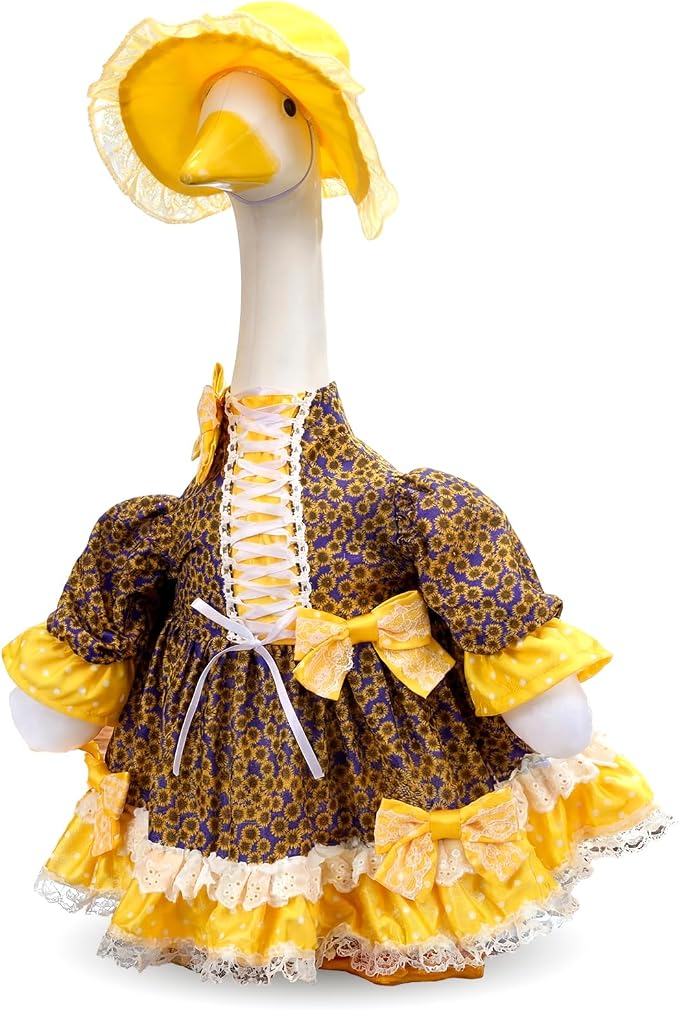 Soulchen 1 Set Summer Sunflower Porch Goose Outfit with Bow 23 Inch Cement Goose Clothes Dress and Hat Costume Set for Summer Christmas Garden Yard Decor