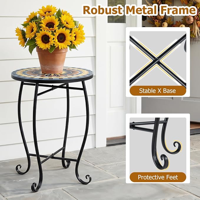 Giantex Outdoor Side Table, Bright Sunflower Mosaic Patio Accent Table, 14" Coffee End Table, Indoor Outdoor Metal Plant Stand for Porch Garden Balcony Desk