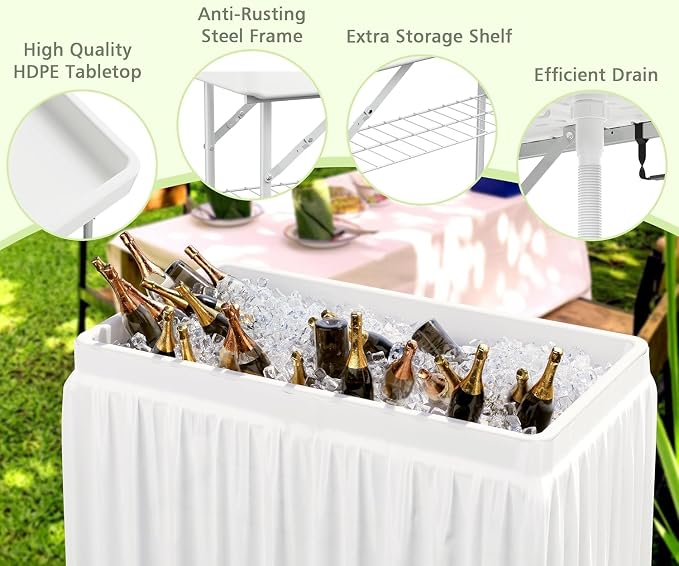 LHBcraft 4 Foot Ice Cooler Table with Matching Skirt & Drain Hose, with Iron Stand, Portable Patio Outdoor Chilling Table Portable Bar for Events for Party, Picnic, BBQ, Camping, White