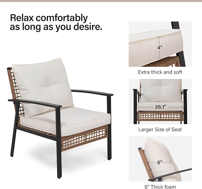 LAUSAINT HOME Outdoor Rattan Bistro Set, Patio Furniture Wicker Chairs Set of 2 with Deep Seating and Thick Cushions, Oversize Conversation Set for Garden, Balcony and Backyard (Beige)
