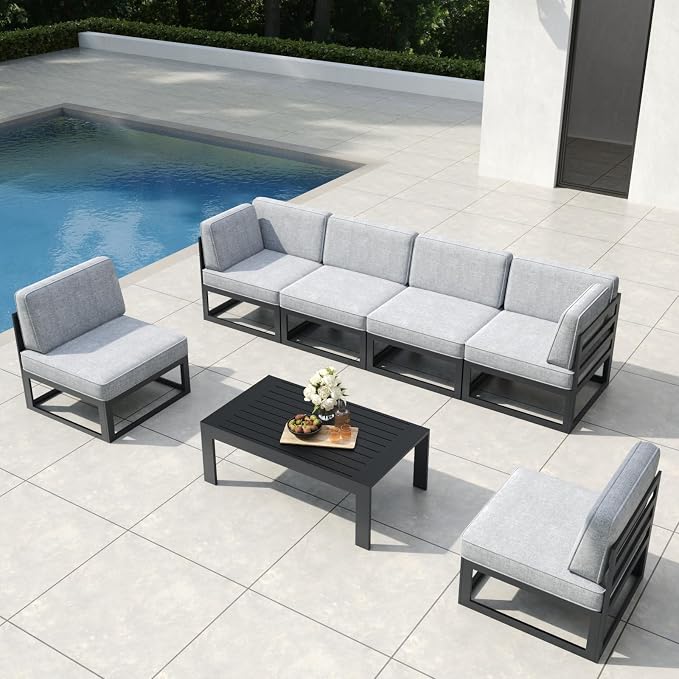 7 Pieces Aluminum Patio Furniture Set with Coffee Table, Metal Outdoor Conversation Sofa Set with Seating Cushions