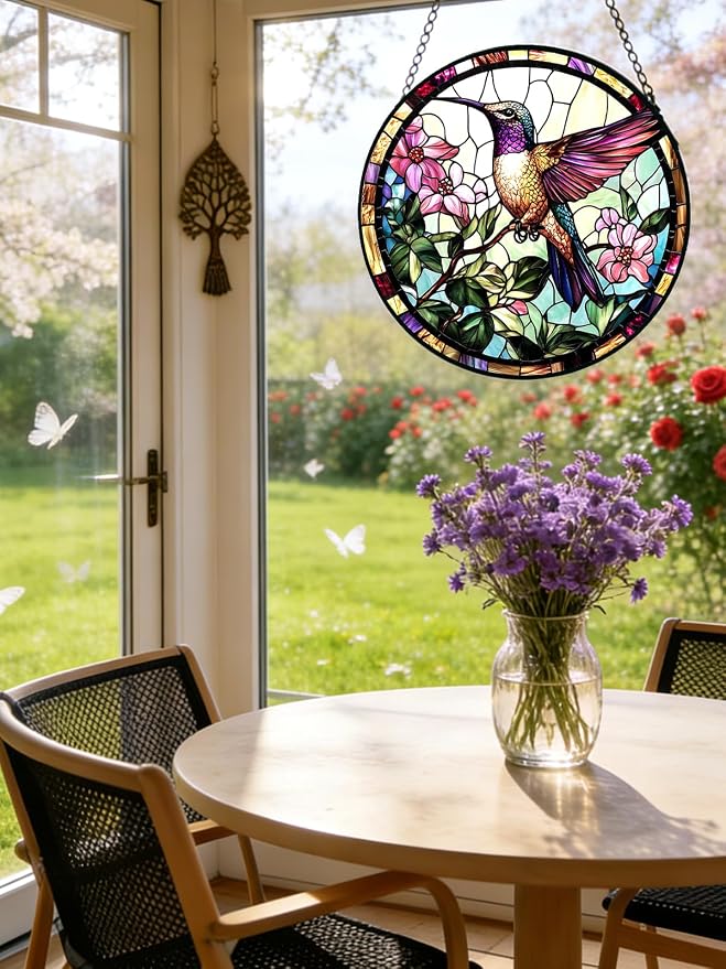 Hummingbird Stained Glass Suncatcher Window Hanging Flowers Gifts for Mom | 7.8in Garden Sun Catcher, Bird Pink Flowers Ornament for Door Home, Gift for Bird Lovers Grandma & Mother's Day Christmas