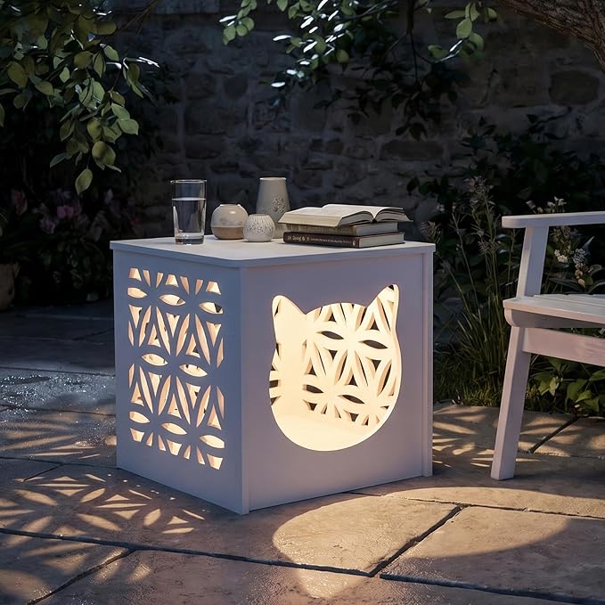 VINGLI Outdoor Side Table with Cat House and LED Light, 15.6" Resin Waterproof Square Side Table End Table for Patio Garden Balcony Porch (White)
