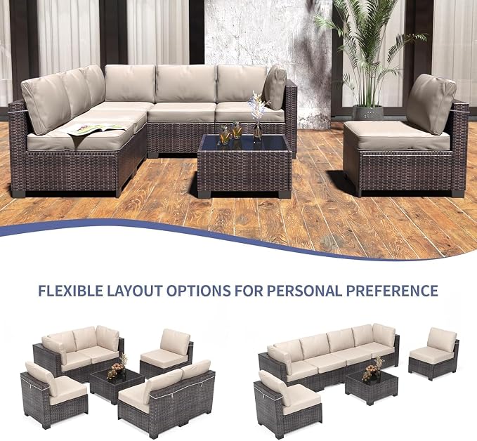 Garvee Patio Furniture Set, 7-Piece Outdoor Couches for Patio, Wicker Sectional Sofa with Coffee Table & Cushions