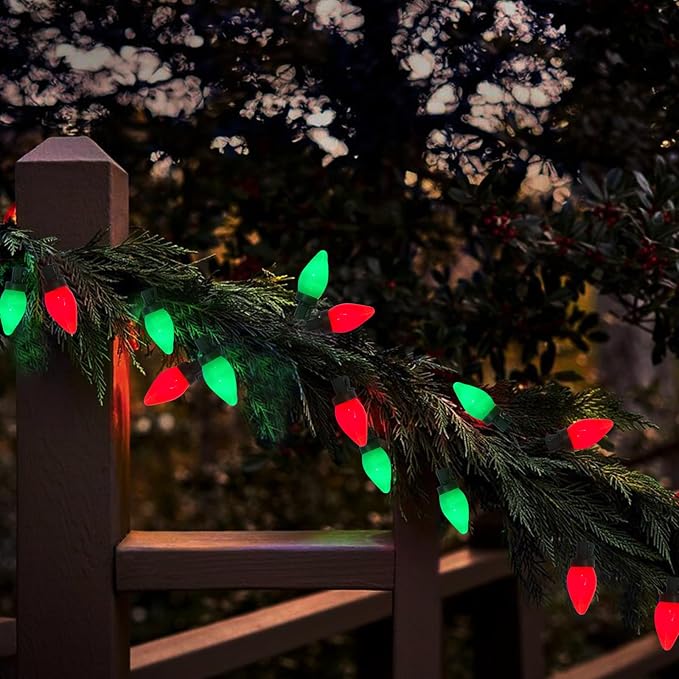 C9 Red and Green Chistmas Lights Outdoor, 25Ft Vintage Christmas Light 25 LED Red Green Bulb Lights Plug-in for Xmas Tree Party Christmas Valentines St. Patrick's Decor