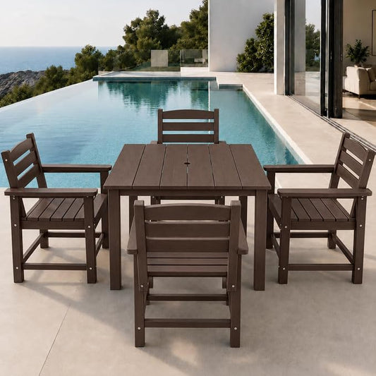 HDPE Outdoor Dining Set for 4, Square Table & Chairs Set | • All-Weather Polywood Composite • 410 lbs Heavy-Duty Support • Built-In 2" Umbrella Hole • Easy Soap-Water Wash