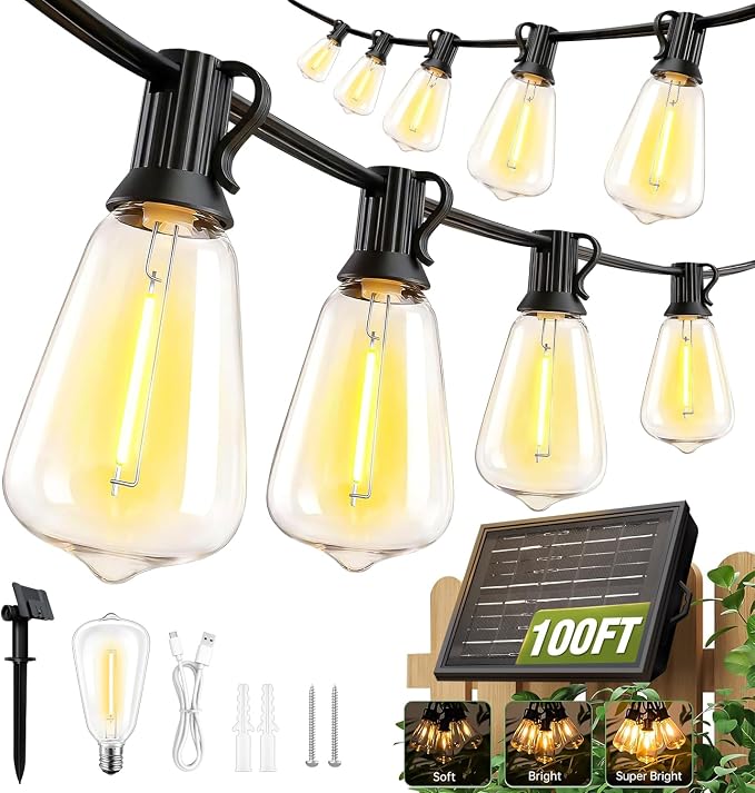 100FT Solar String Lights Outdoor Waterproof with Remote & Timer, LED Shatterproof ST38 Bulbs, USB & Solar Powered Patio Lights for Backyard, Porch, Garden, Wedding Decor, Dusk to Dawn Lighting