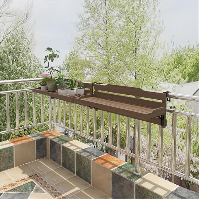 Wood Balcony Railing Table & Hanging Planter Shelf - Rectangular, Rustic, 1 Shelf, Heavy Duty, Weatherproof, Supports Up to 100 lbs