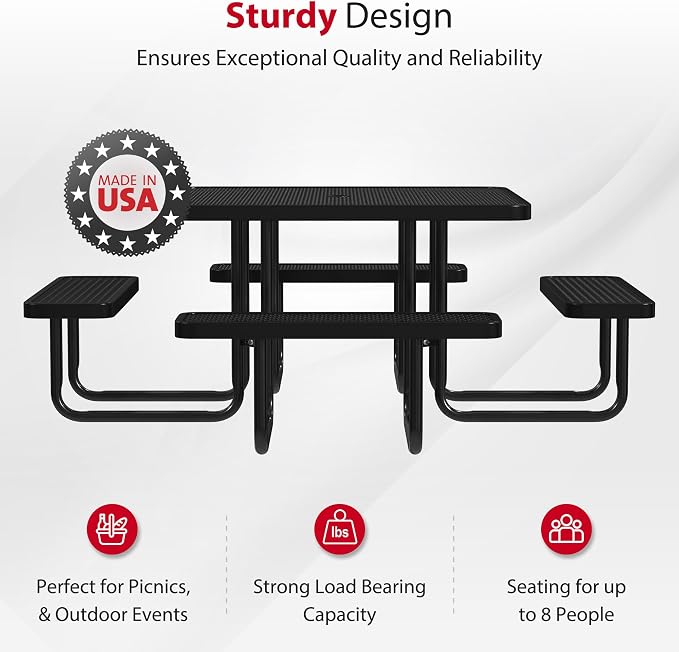 Leisure Craft Metal Picnic Table with Bench - 46" Square Outdoor Dining Table for 8 with Umbrella Hole, Weatherproof Heavy Duty Thermoplastic Coating, Commercial Grade Furniture Made in USA - Black