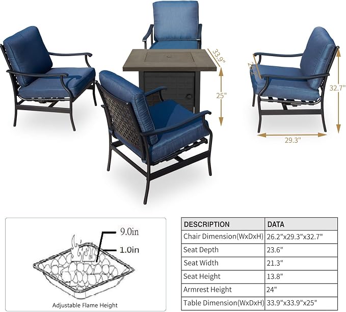 Outdoor Furniture Patio Conversation Set CSA Certification 50,000 BTU 33.9 Inch Propane Fire Pit Table Sets with Rocking Chairs (5 Pcs,Blue)