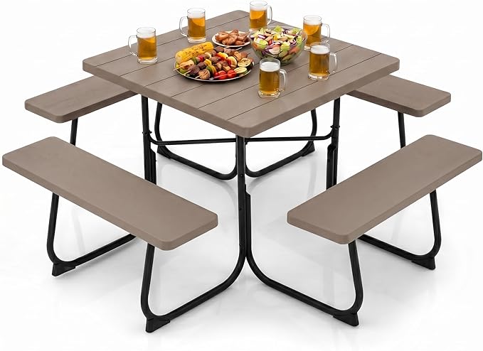 POWERSTONE Picnic Tables with Benches for 8, Outdoor HDPE Picnic Table with Umbrella Hole, Heavy Duty 35" Portable Dining Set Camping Table for Backyard, Patio, Park(Coffee)