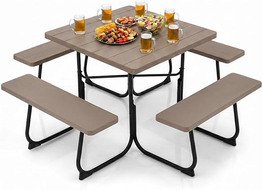 POWERSTONE Picnic Tables with Benches for 8, Outdoor HDPE Picnic Table with Umbrella Hole, Heavy Duty 35" Portable Dining Set Camping Table for Backyard, Patio, Park(Coffee)