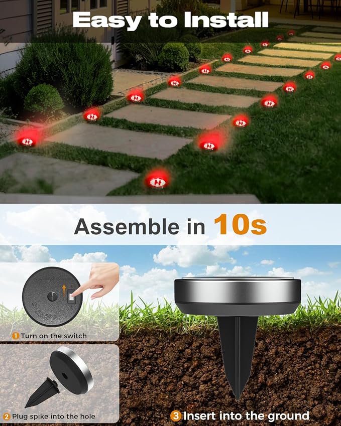 btfarm 16 Pack Solar Lights Outdoor, 8 LED Solar Ground Lights IP65 Waterproof Flat Solar Disc Light, Pathway Lights for Garden Lawn Patio Yard Path Landscape, Red