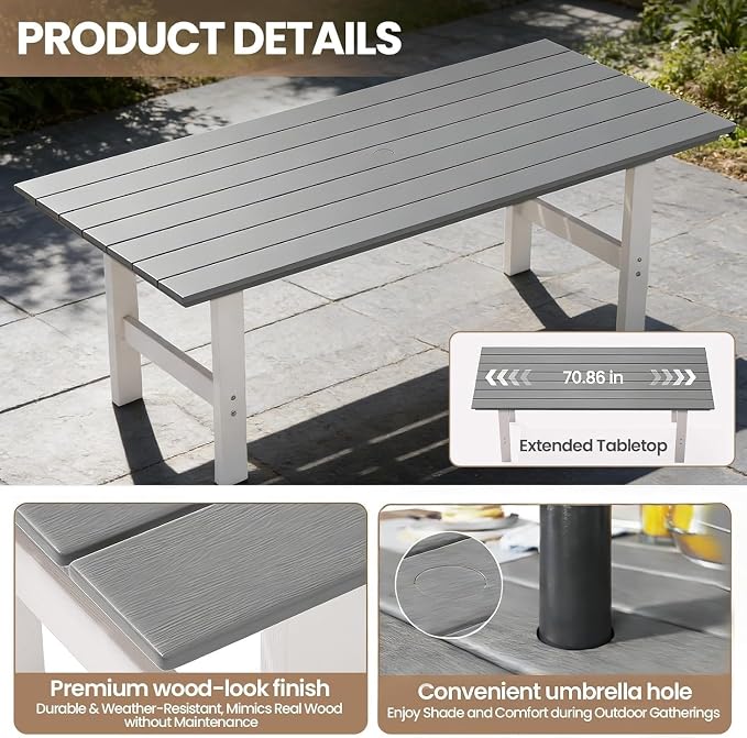 Outdoor Dining Set,5-Piece Patio Table and Chairs Set for 4, HDPE Outdoor Dining Table and Chairs with Umbrella Hole, All-Weather Patio Dining Furniture Set,White Grey