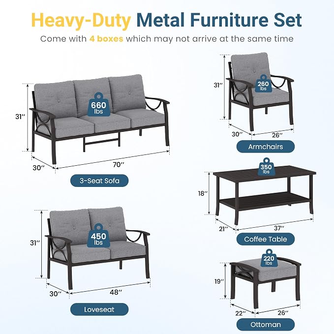 RoyalCraft Outdoor Patio Furniture Set, 9 Seats Outdoor Patio Set with 4" Thick Cushion, All-Weather Metal Patio Sofa with Coffee Table, Outdoor Sectional Furniture for Porch Backyard, Khaki&Grey
