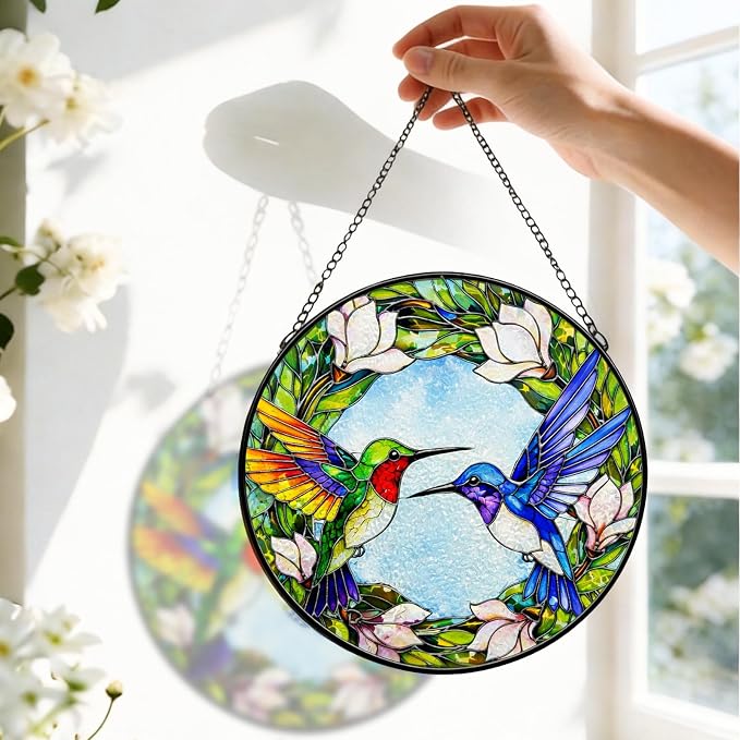 Stained Glass Window Hanging - Colorful Hummingbirds Suncatcher for Windows Doors Home Decor, Hummingbird Magnolia Flowers Sun Catcher Gift for Women Mom Nana Bird Lovers Christmas Mother's Day 7.8 in