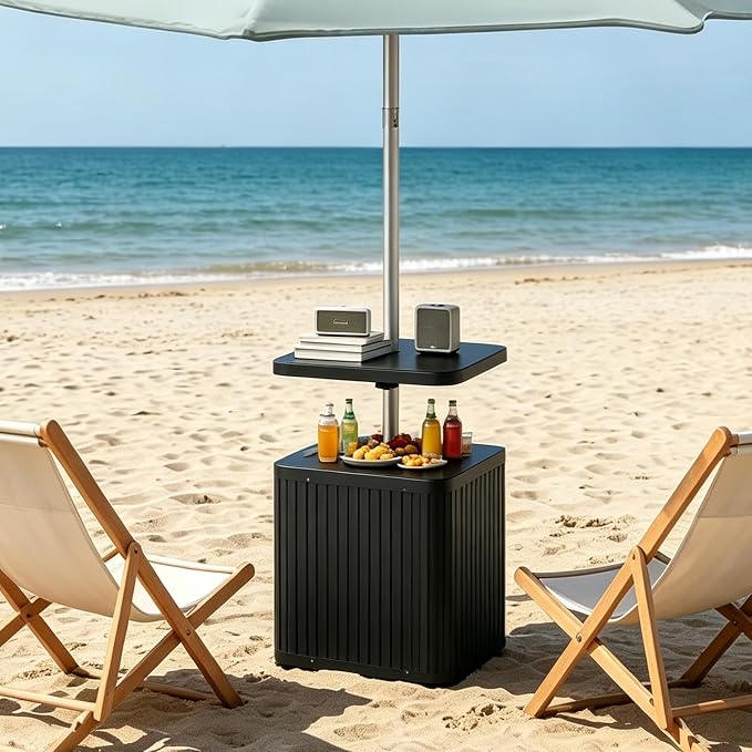 Outdoor Umbrella Table Tray with Hooks, 16.54" Square Black ABS Plastic, Adjustable, Fits 1.5" Umbrella Pole for Beach, Backyard, Poolside, Garden, Patio