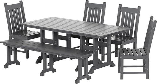 WestinTrends Malibu 6 Piece Outdoor Dining Set with Bench, All Weather Poly Lumber Patio Table and Chairs Set, 71" Trestle Dining Table with Umbrella Hole, 5 Patio Chairs with Bench, Gray