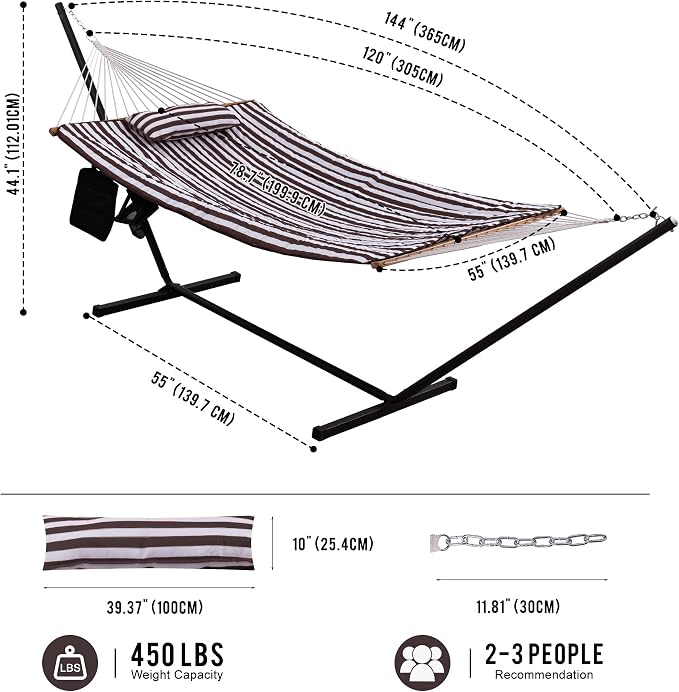Lazy Daze Hammocks Double Hammock with 12 ft Steel Stand, 2 Person Cotton Rope Hammock with Quilted Pad, Spreader Bars, Detachable Pillow, Mag Bag & Cup Holder, Brown/White Stripe