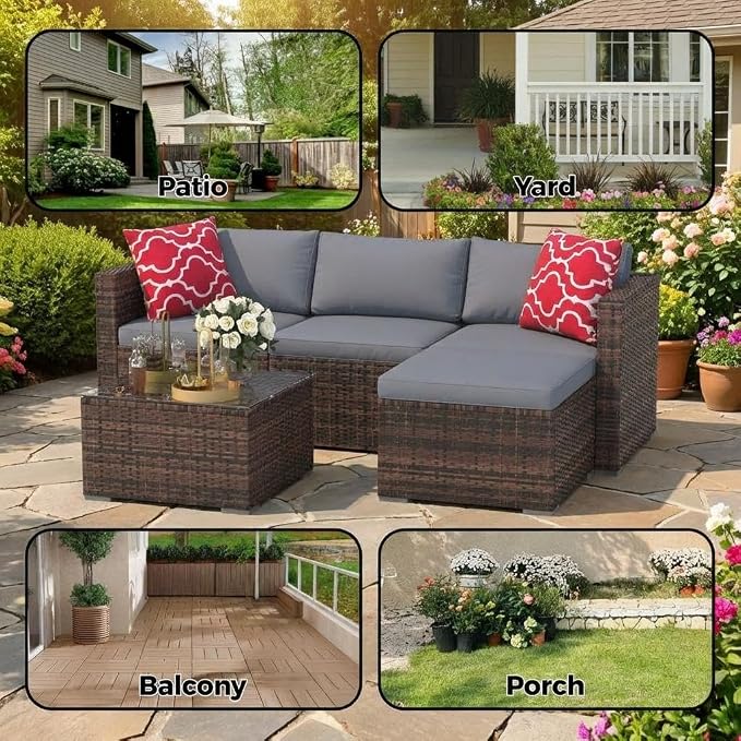 5 PCS Outdoor Sectional Sofa Set, Outdoor Patio Set Sectional Sofa, All-Weather PE Rattan Patio Furniture with Ottoman & Tempered Glass Table for Garden, Backyard, Porch, Poolside (Brown/Gray)